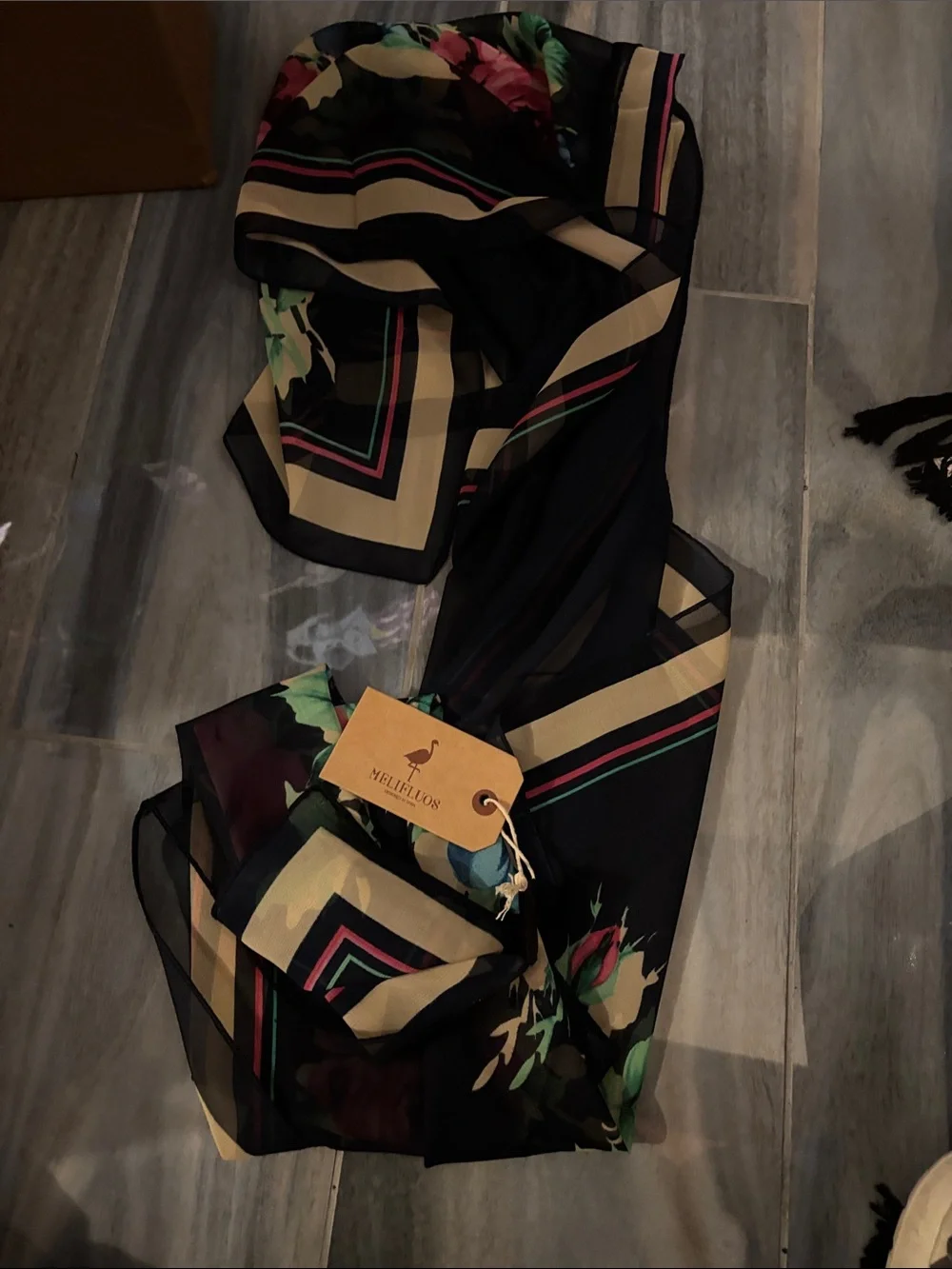Floral Silk-Feel Black Scarf